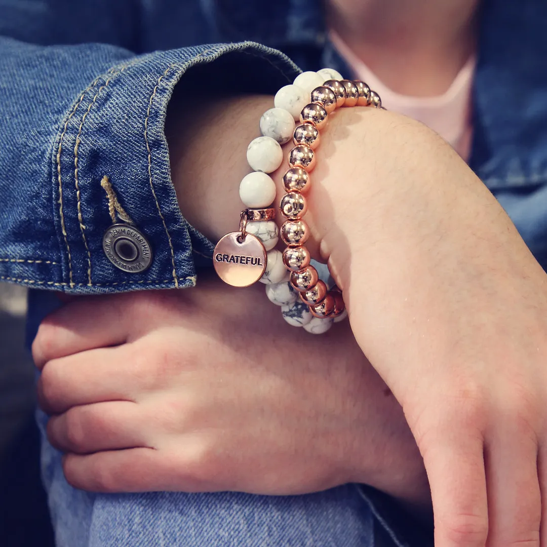 Bracelet Duo! Rose Gold & White Marble bead bracelet stacker set - GRATEFUL (12041)
