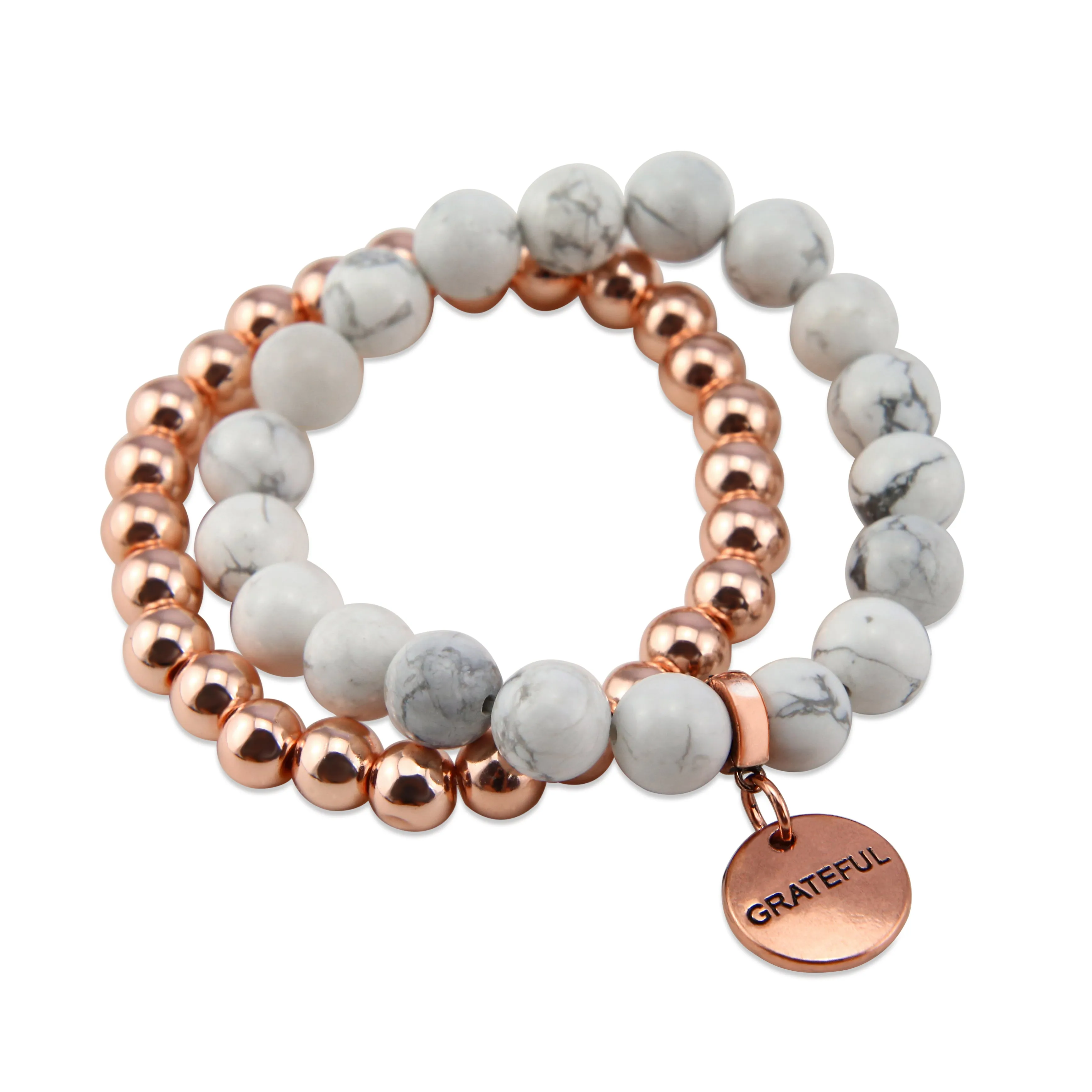 Bracelet Duo! Rose Gold & White Marble bead bracelet stacker set - GRATEFUL (12041)