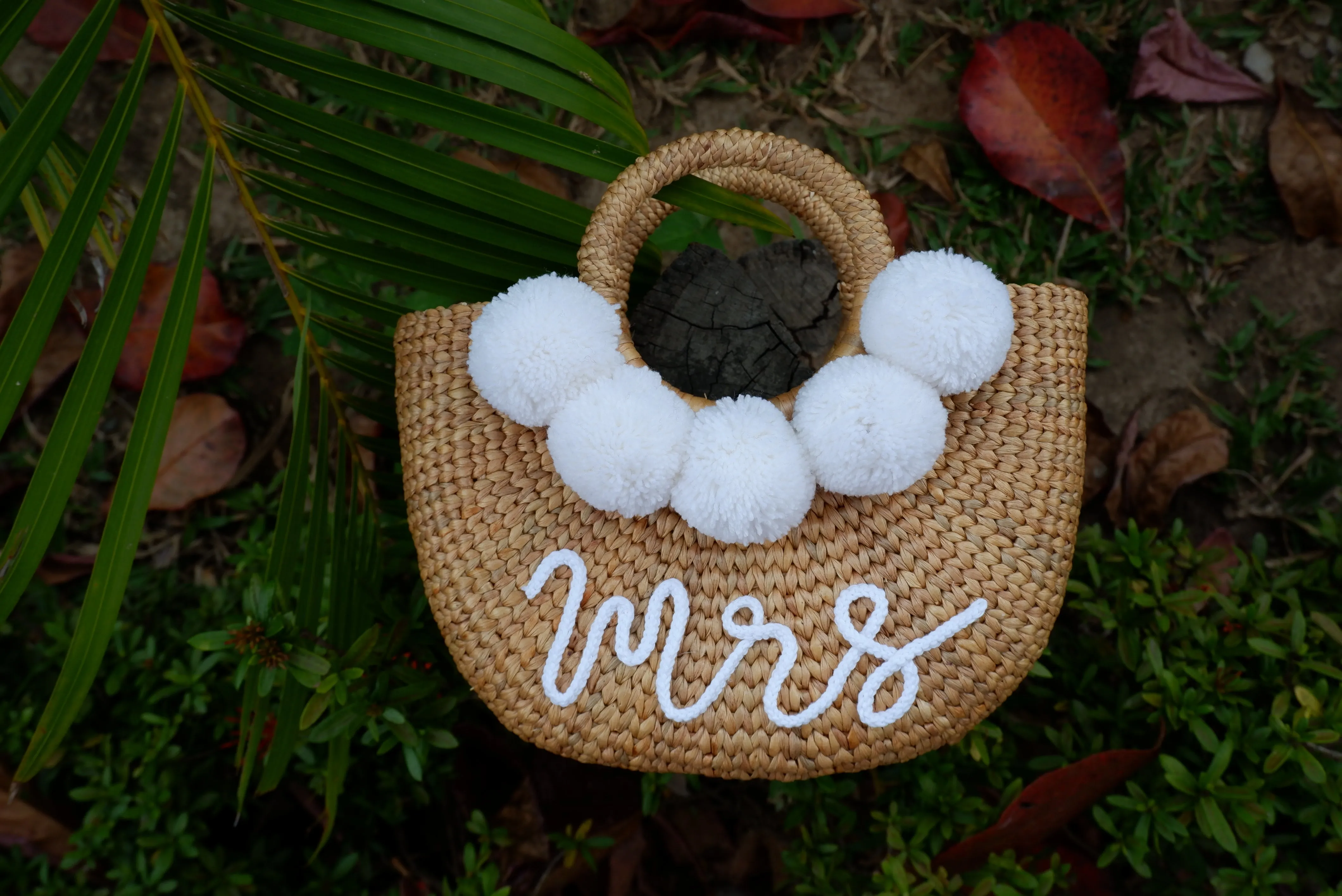 Bride bag mrs beach bag pom pom bag