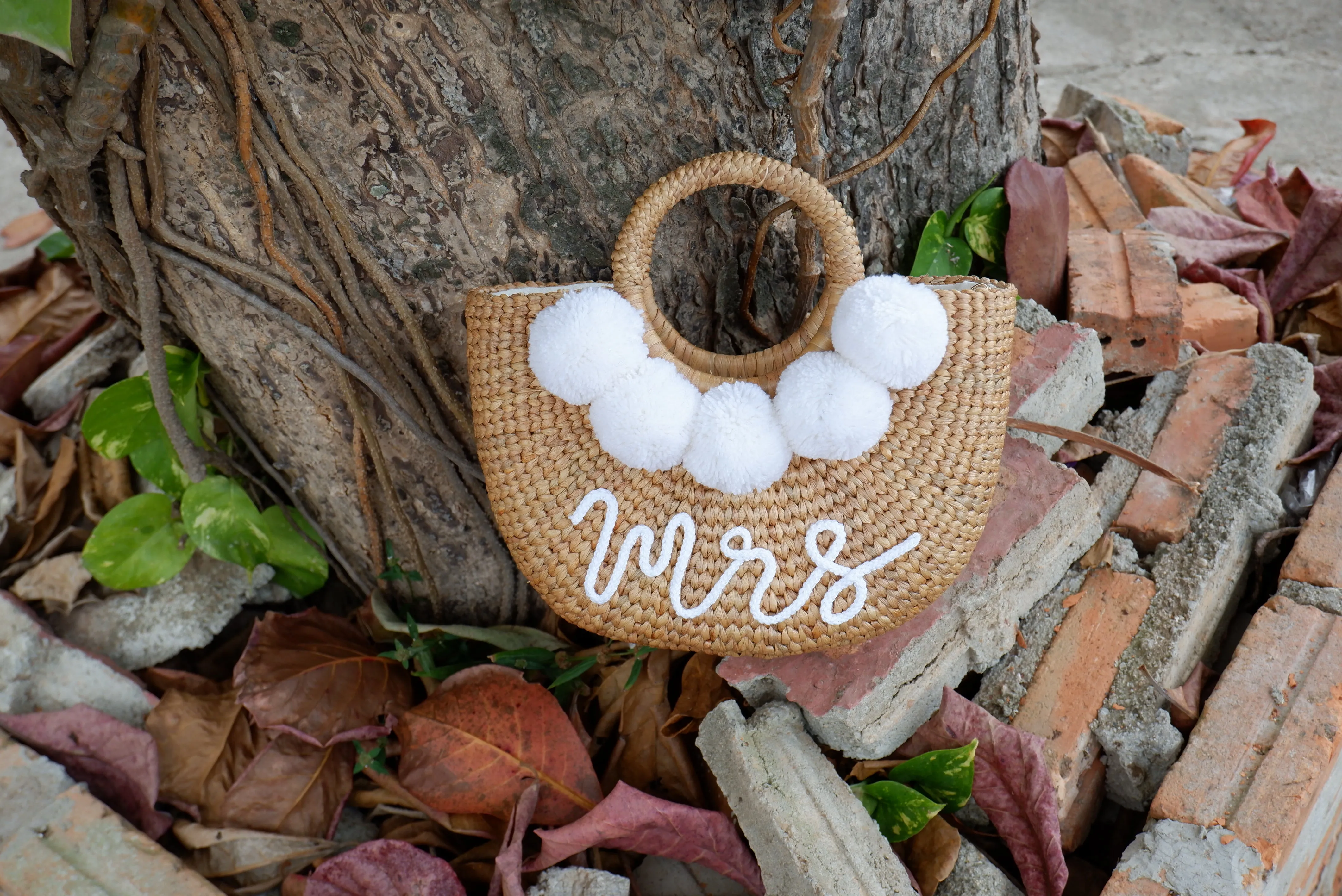 Bride bag mrs beach bag pom pom bag