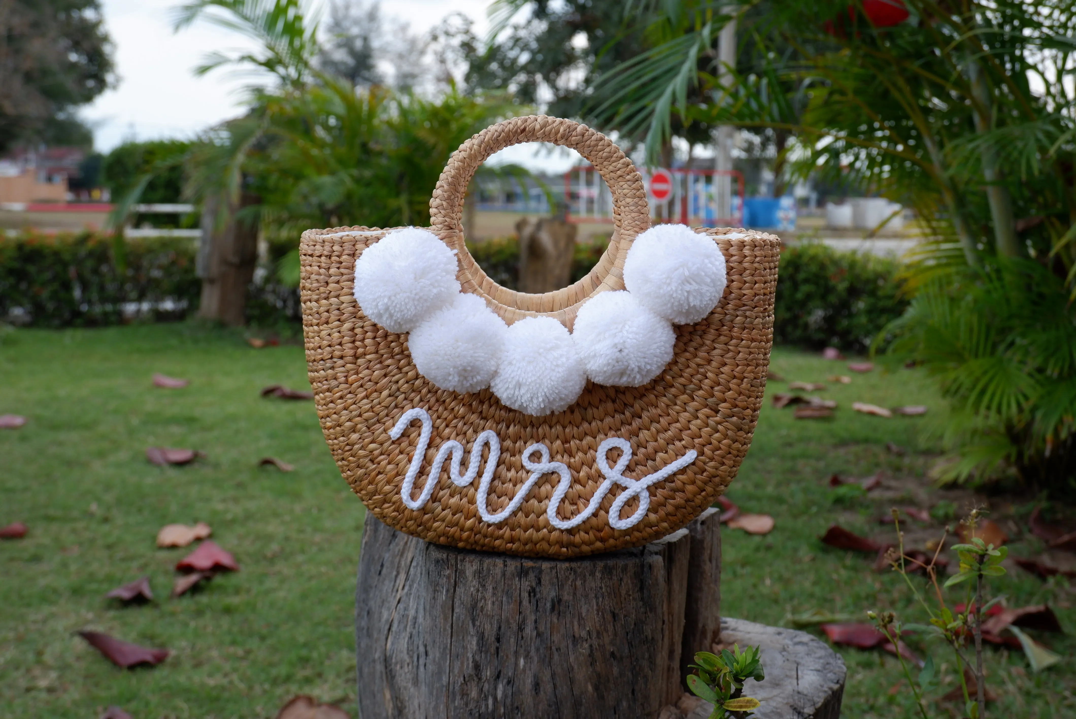 Bride bag mrs beach bag pom pom bag