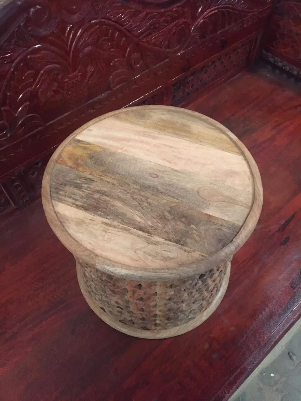 Bristol Indian Hand Carved Round Coffee Table Raw Natural