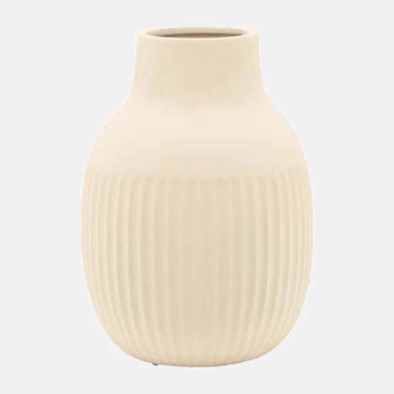 Cer, 9"h Ridged Bulbous Vase, Ivory