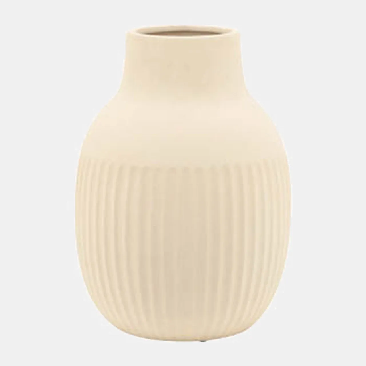 Cer, 9"h Ridged Bulbous Vase, Ivory