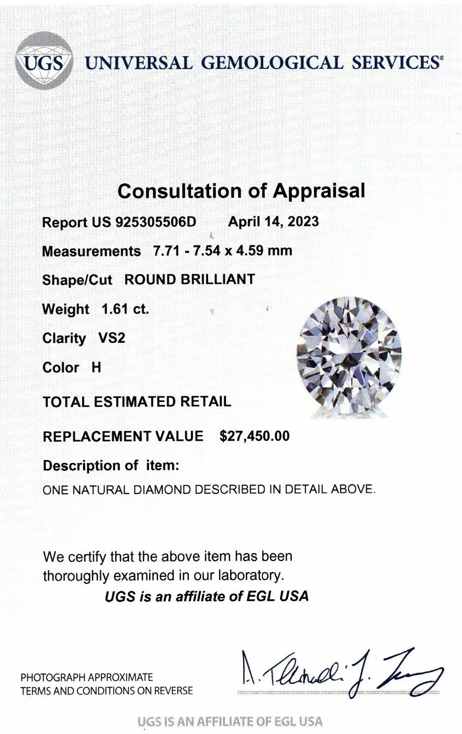CERTIFIED LOOSE DIAMOND ROUND BRILLIANT CUT NATURAL 1.61ct H VS2 ENGAGEMENT 1.5