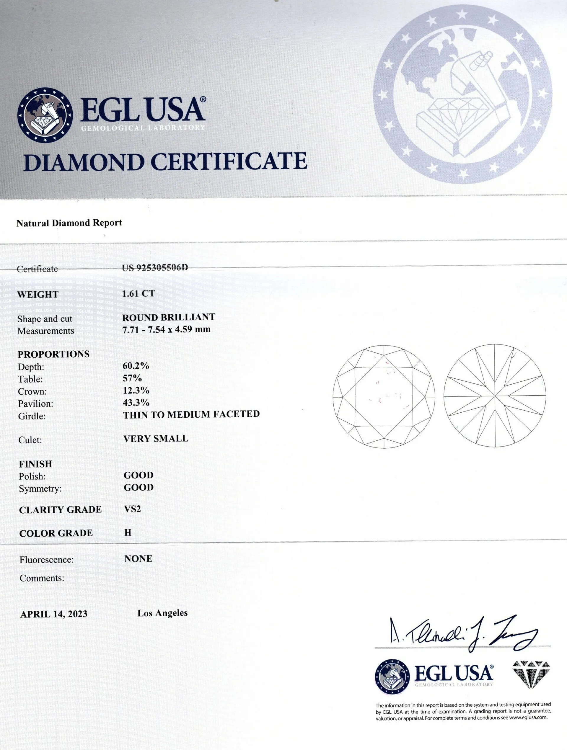 CERTIFIED LOOSE DIAMOND ROUND BRILLIANT CUT NATURAL 1.61ct H VS2 ENGAGEMENT 1.5