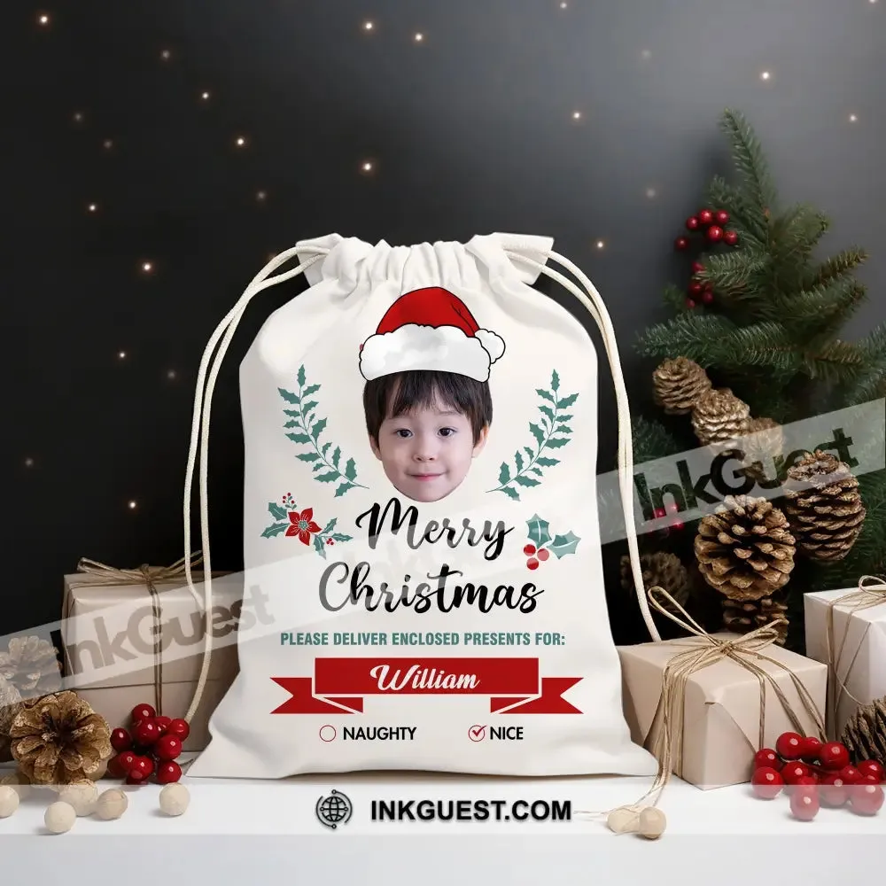 Christmas Kid Face Custom Photo And Name, Personalized String Bag, Christmas Gift