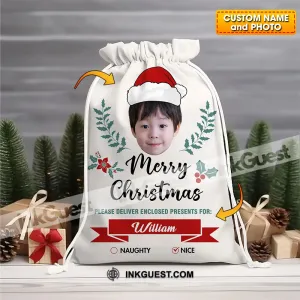 Christmas Kid Face Custom Photo And Name, Personalized String Bag, Christmas Gift