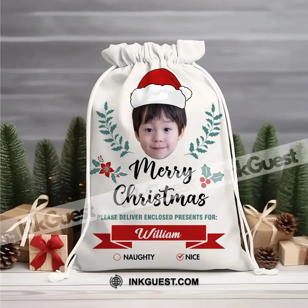Christmas Kid Face Custom Photo And Name, Personalized String Bag, Christmas Gift