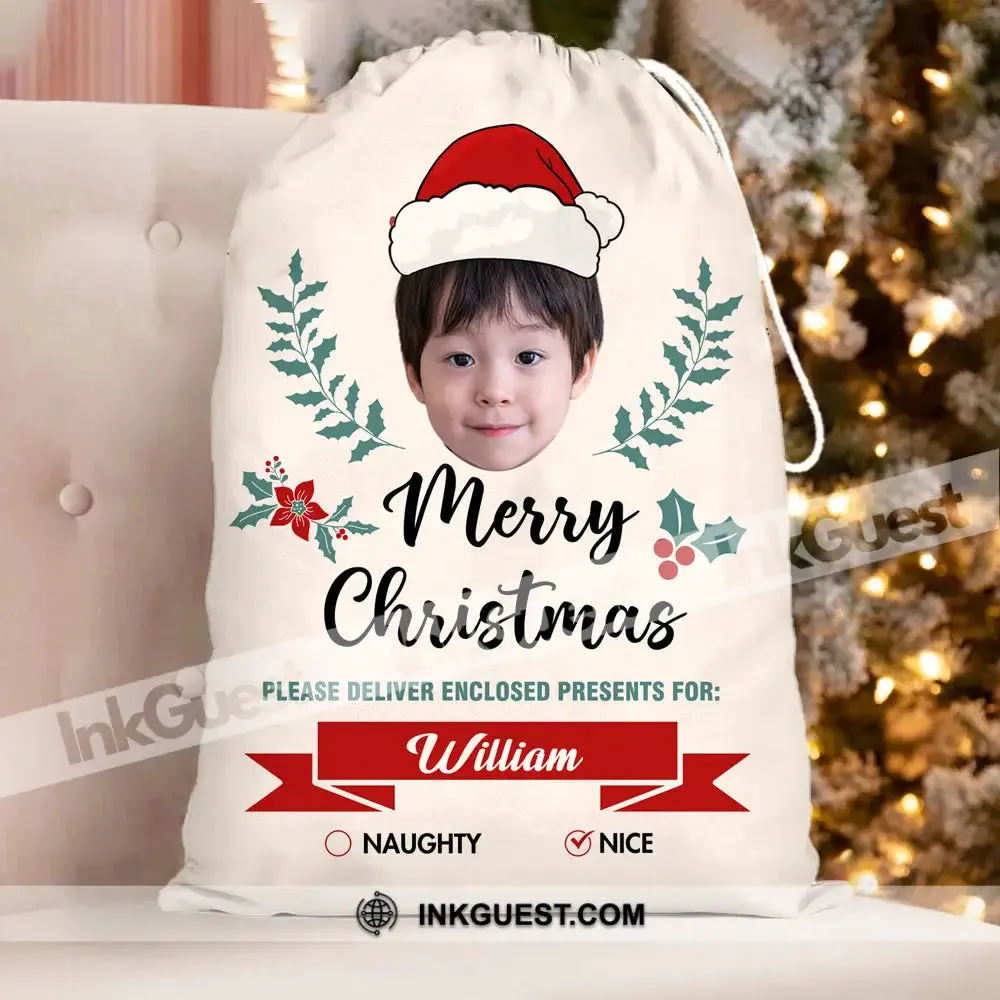 Christmas Kid Face Custom Photo And Name, Personalized String Bag, Christmas Gift