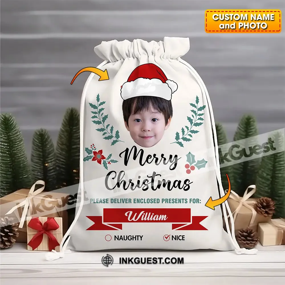 Christmas Kid Face Custom Photo And Name, Personalized String Bag, Christmas Gift