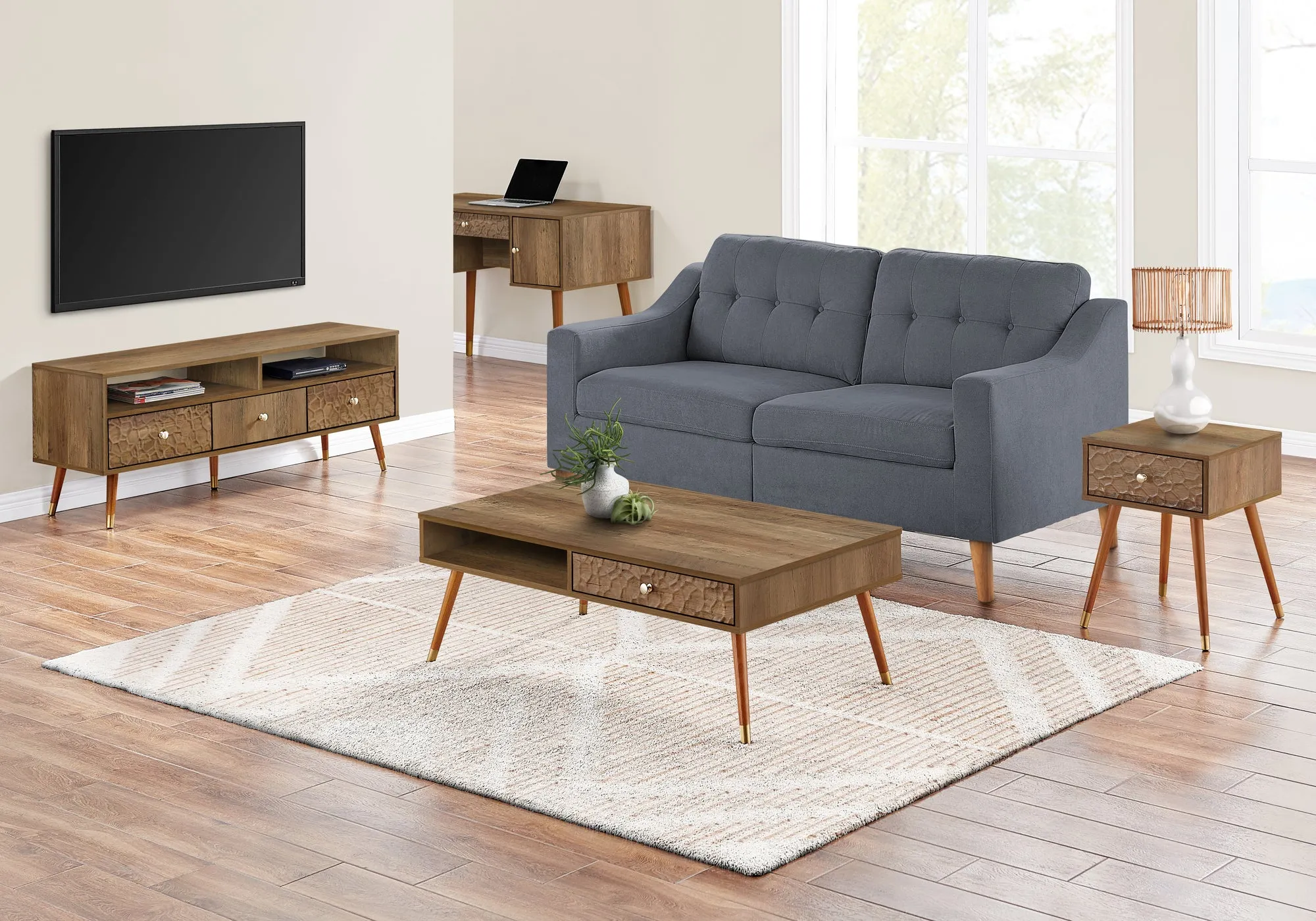 Coffee Table, Accent, Cocktail, Rectangular, Storage, Living Room, 44"l, Walnut Laminate, Wood Legs, Mid Century