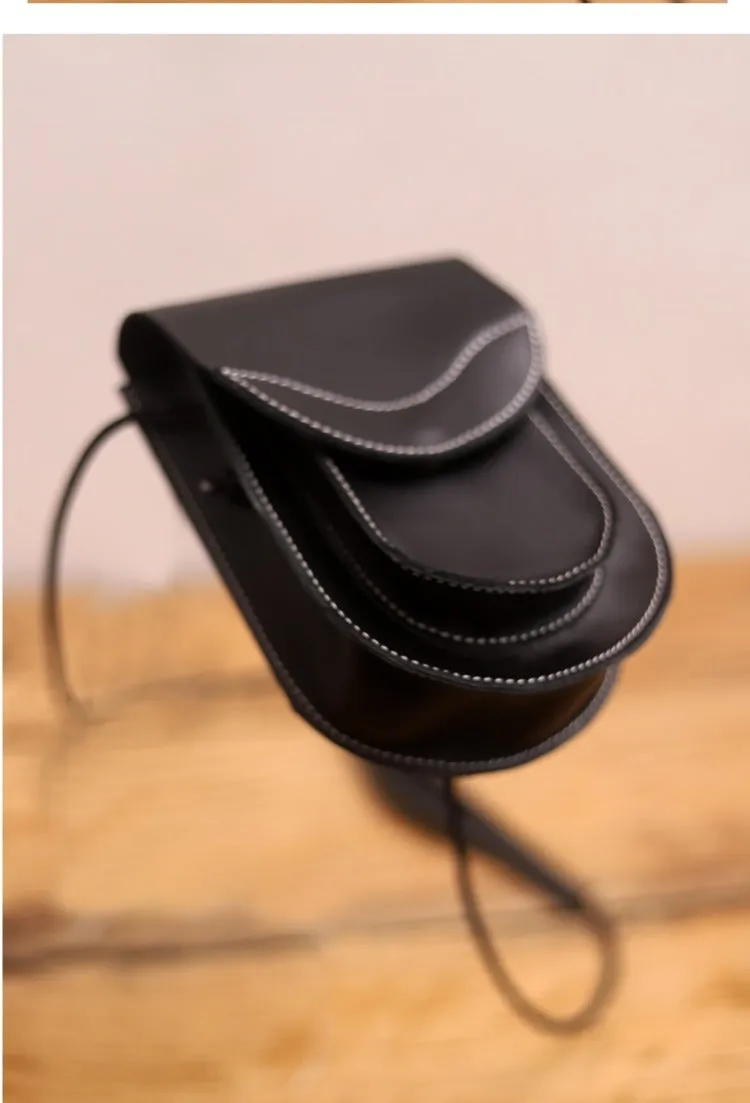 Cute LEATHER Saddle Side Bag WOMEN Black SHOULDER BAG Small Crossbody Purse FOR WOMEN