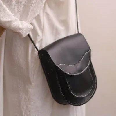 Cute LEATHER Saddle Side Bag WOMEN Black SHOULDER BAG Small Crossbody Purse FOR WOMEN