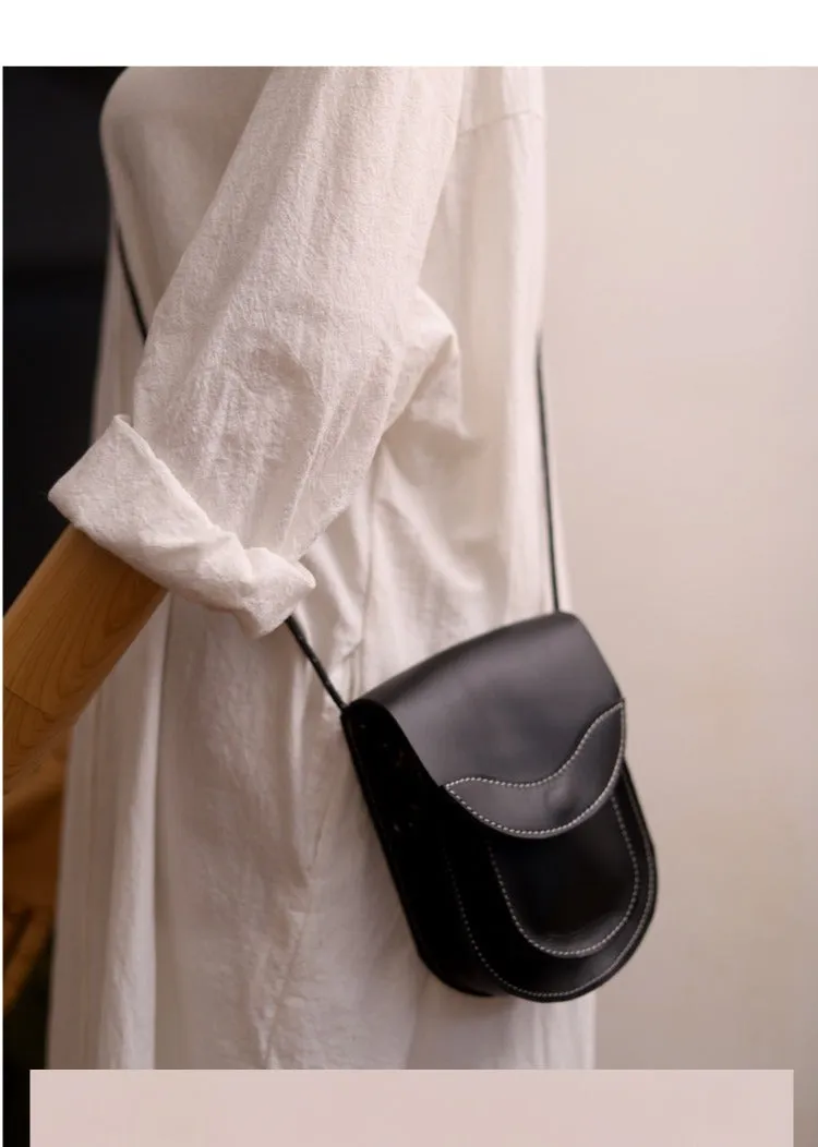 Cute LEATHER Saddle Side Bag WOMEN Black SHOULDER BAG Small Crossbody Purse FOR WOMEN