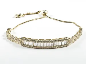 Elegant Baguette CZ Bar With CZ Band Draw String Gold Tone Silver Bracelet
