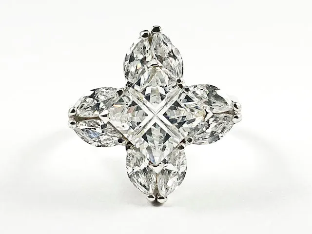 Elegant Detailed CZ Cut Cross Form Silver Ring