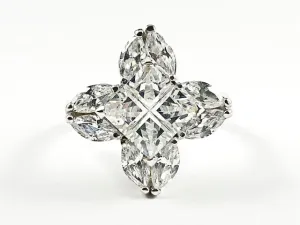 Elegant Detailed CZ Cut Cross Form Silver Ring