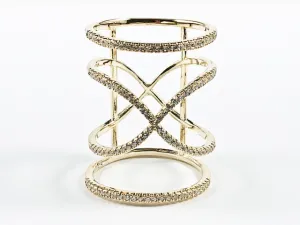 Elegant Large Open Thin CZ Setting Center Cross Over Design Gold Tone Silver Ring