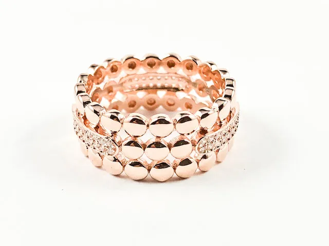 Elegant Textured Round Ball Charm CZ Eternity Pink Gold Tone Silver Band Ring