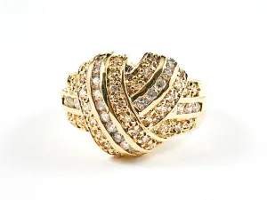 Elegant Unique Knot Twist Fine CZ Setting Gold Tone Brass Ring