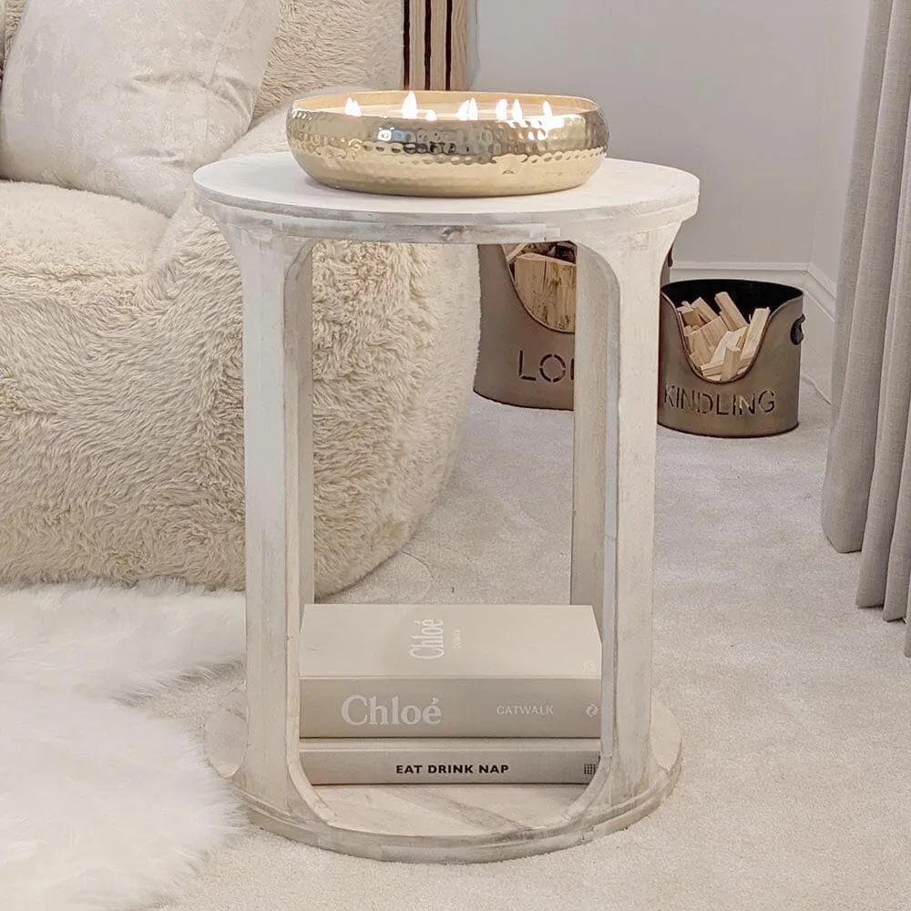 Elle Solid Carved Whitewash Wooden Side Table