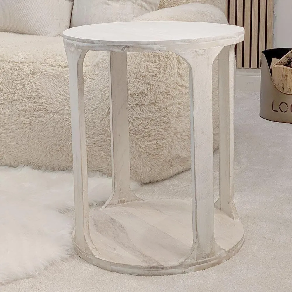 Elle Solid Carved Whitewash Wooden Side Table