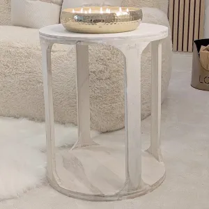 Elle Solid Carved Whitewash Wooden Side Table