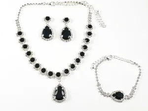 Fancy Elegant Pear Shape Dangle Design Black Color Crystal Fashion Earring Bracelet Necklace Set