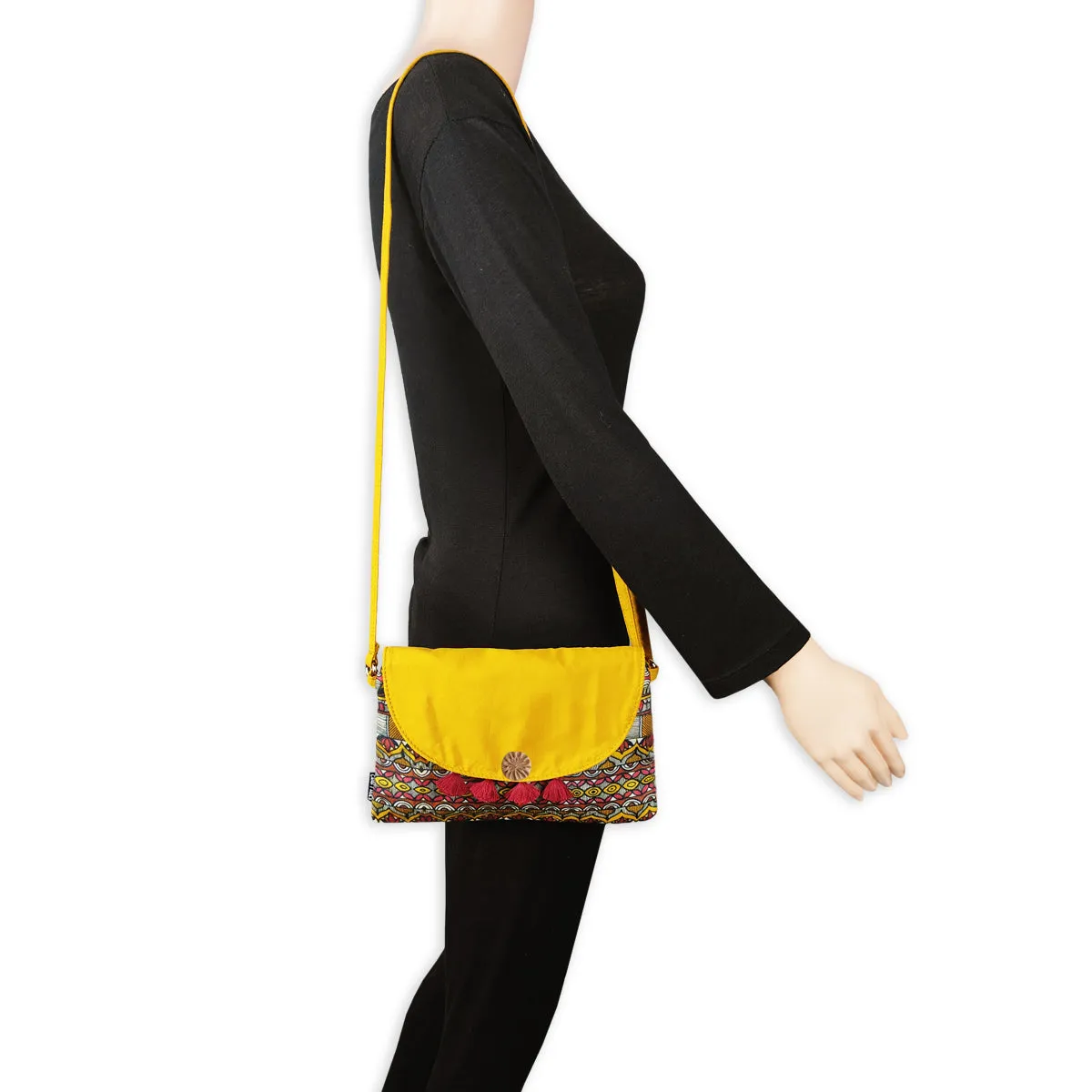 Flap Tassel Sling Bag- Mustard Madhubani