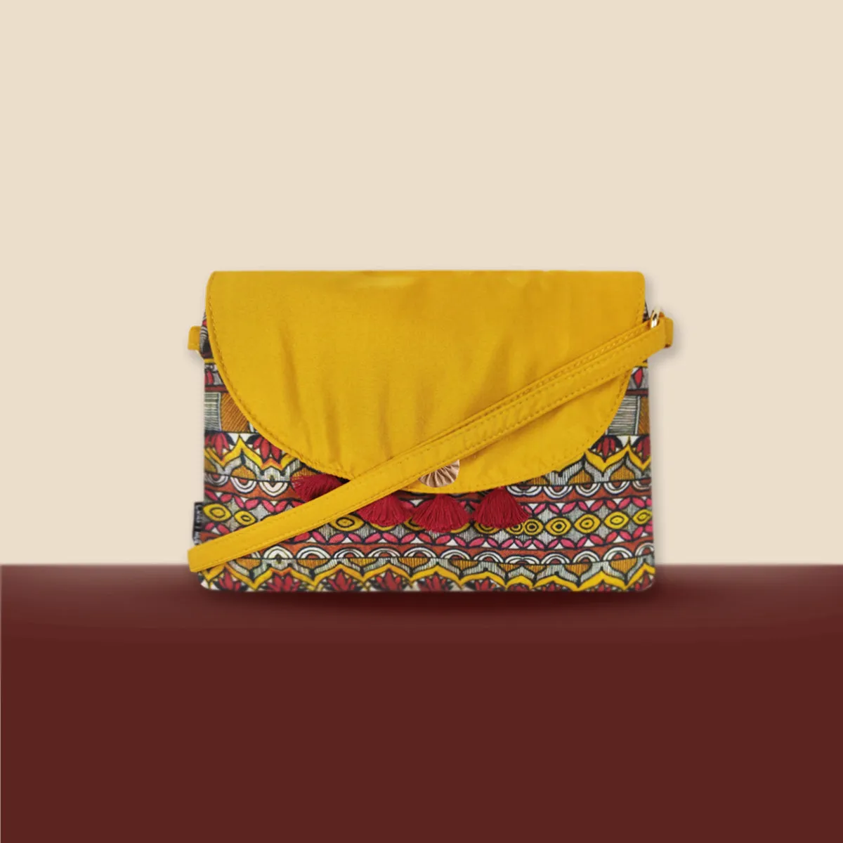 Flap Tassel Sling Bag- Mustard Madhubani