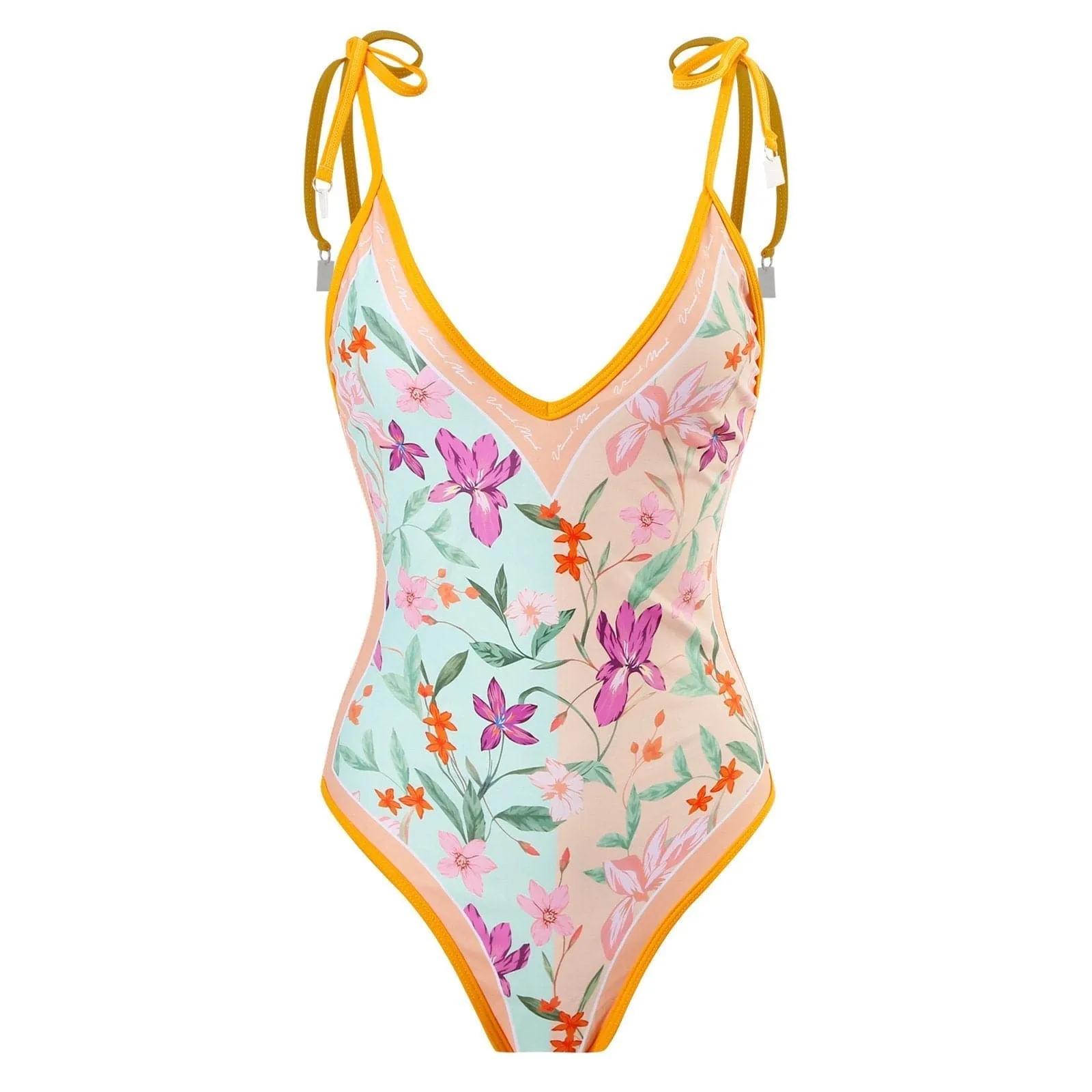 Flower pattern contrast self tie v neck backless one piece swimwear