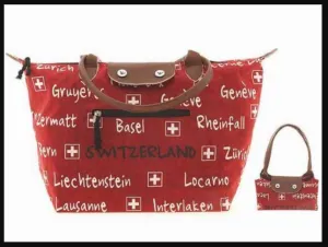 FOLDABLE SHOPPING BAG RED 46X30 WITH NAMES OF CITIES SWITZERLAND-721490