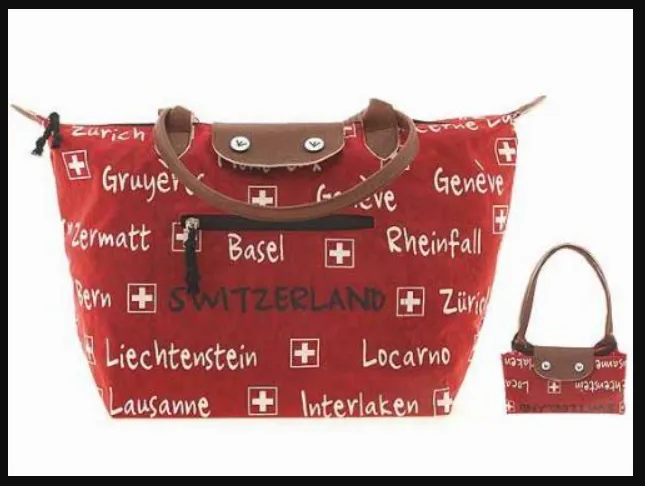 FOLDABLE SHOPPING BAG RED 46X30 WITH NAMES OF CITIES SWITZERLAND-721490