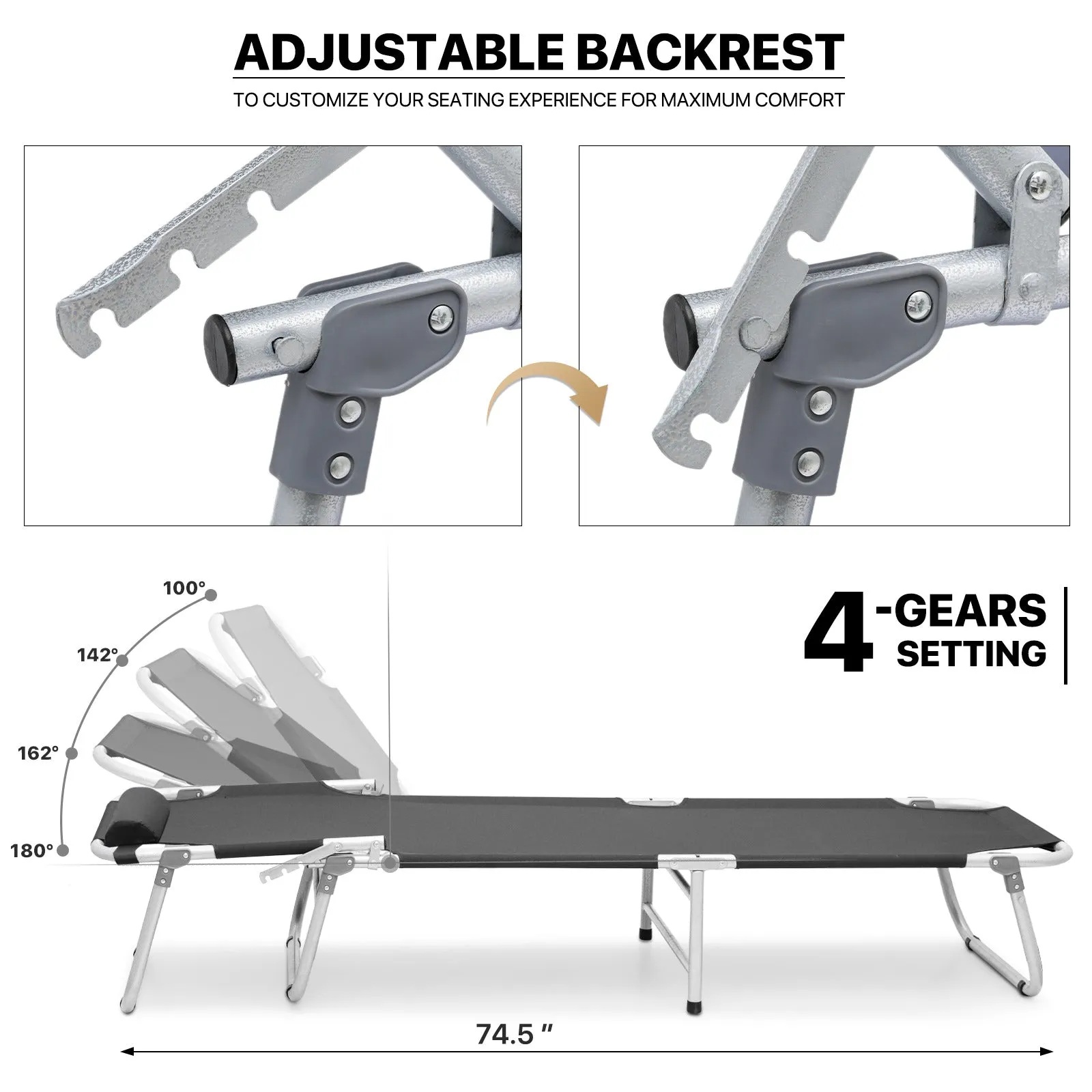 Folding Cot Portable Reclining Military Bed w/Carry Bag