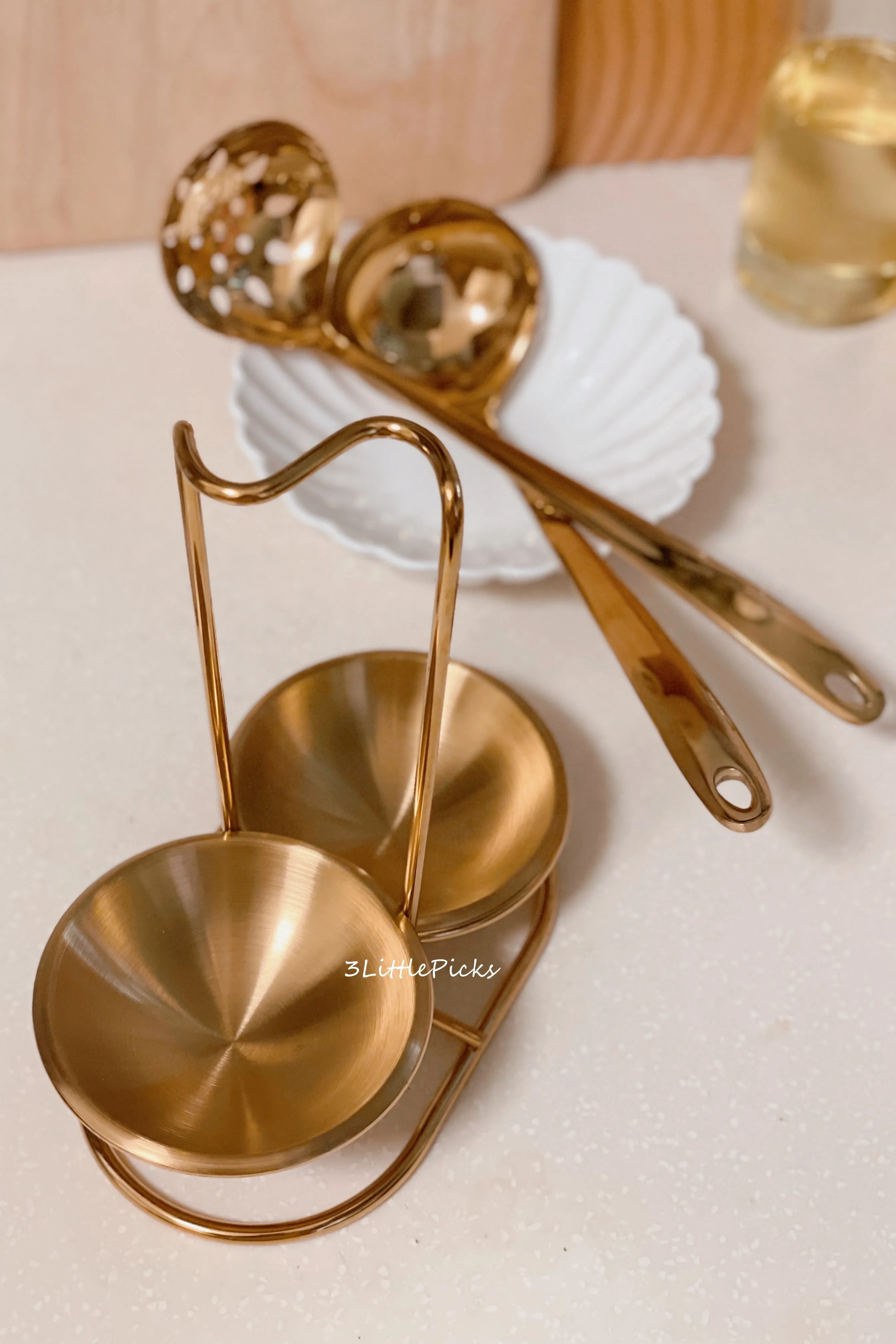 Golden Ladle and Strainer on Stand