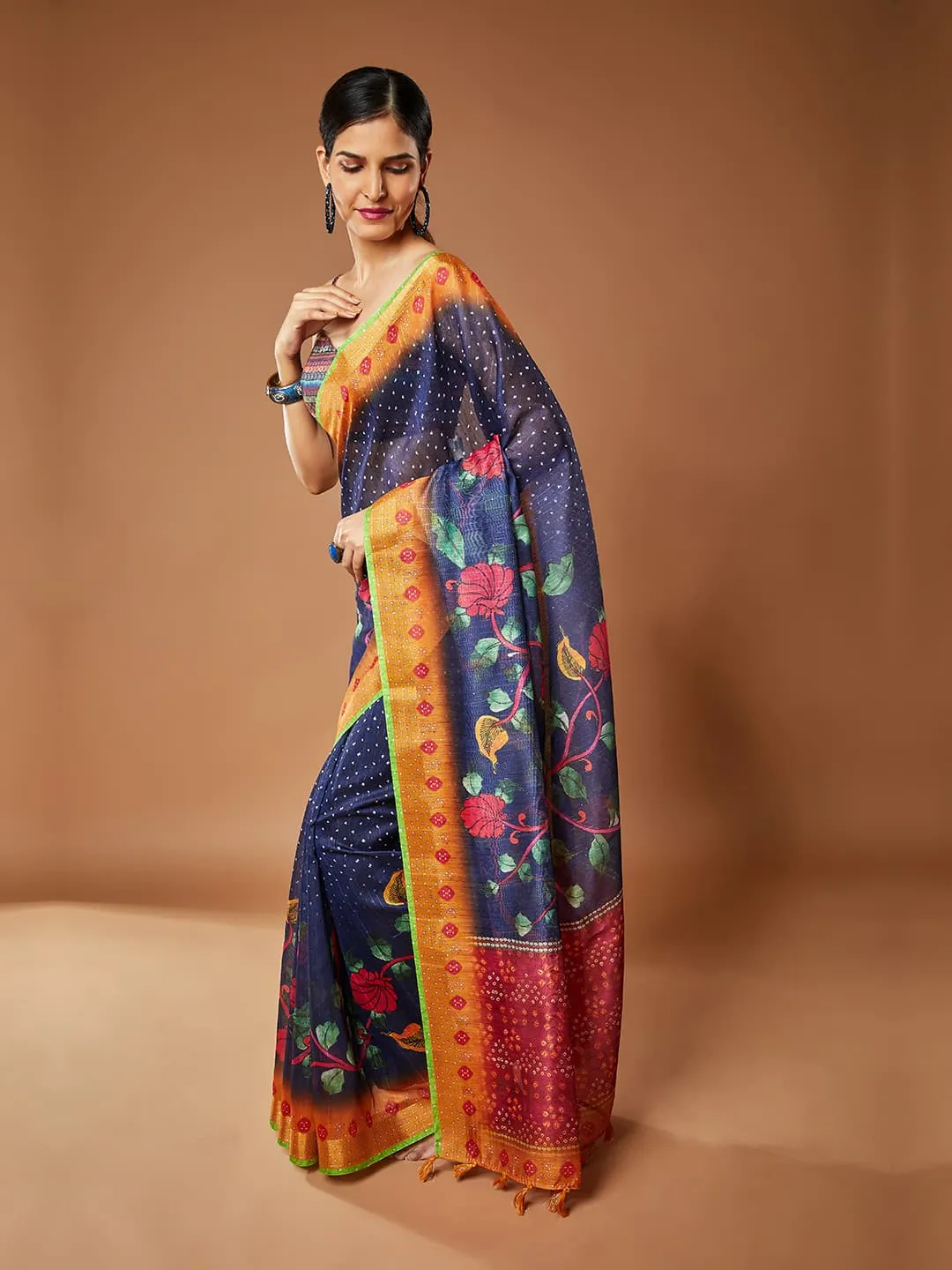Gorgeous Navy Blue Pashmina Saree With Parrot Green Color Border