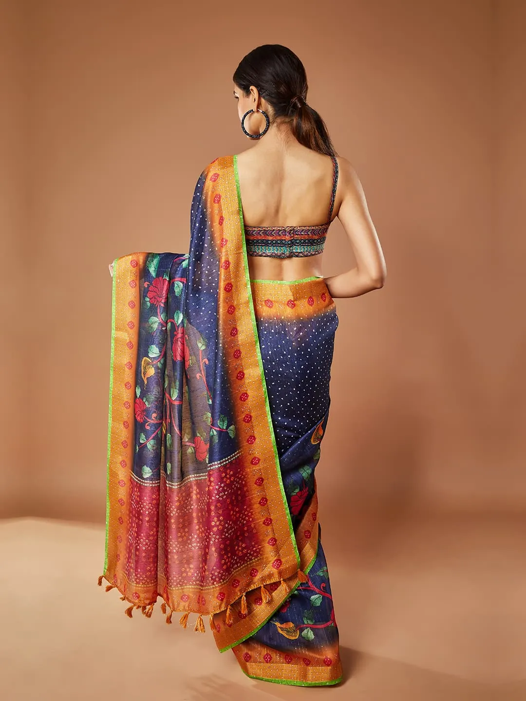 Gorgeous Navy Blue Pashmina Saree With Parrot Green Color Border