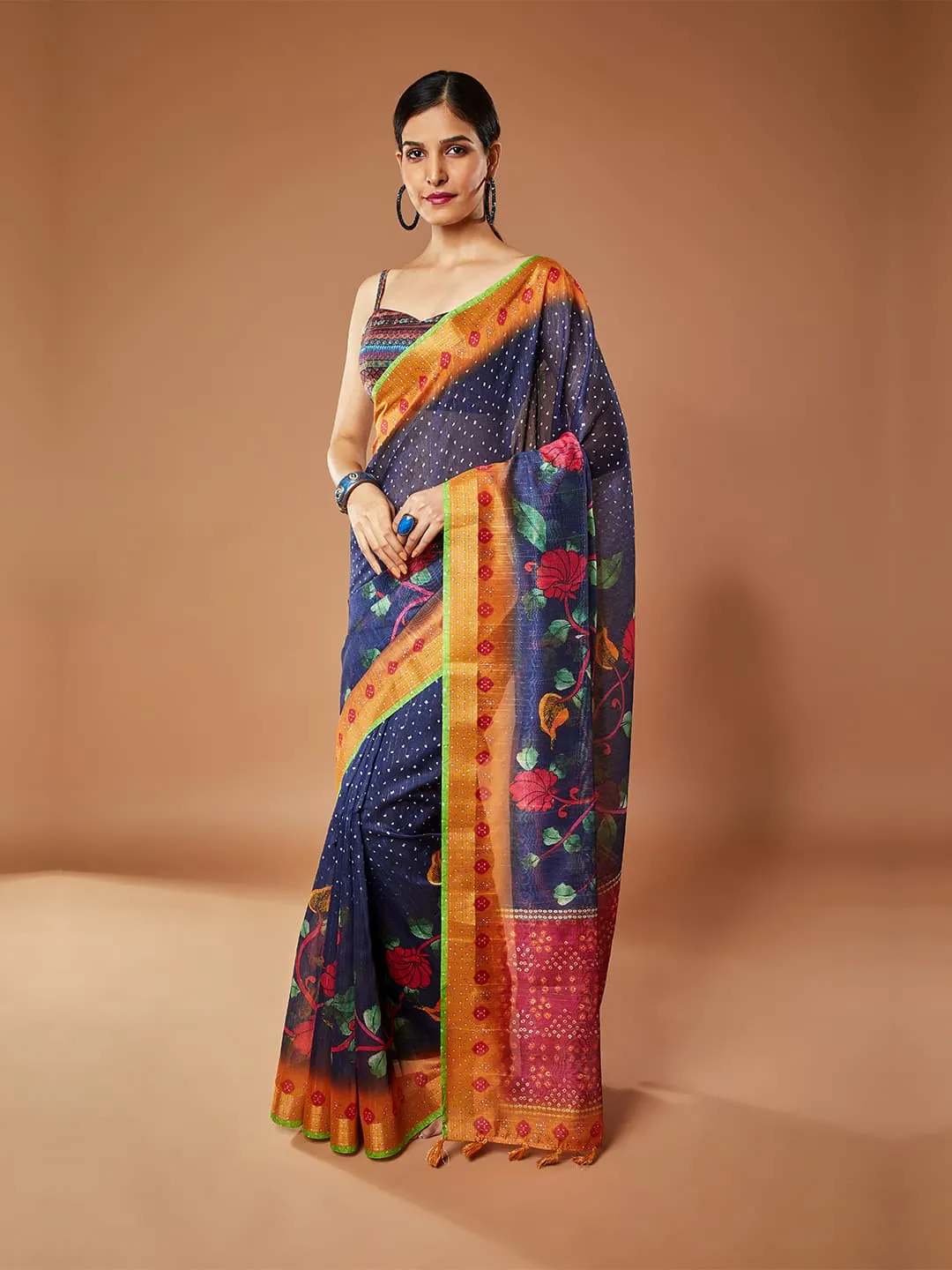 Gorgeous Navy Blue Pashmina Saree With Parrot Green Color Border