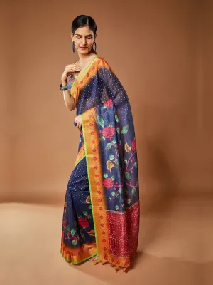 Gorgeous Navy Blue Pashmina Saree With Parrot Green Color Border