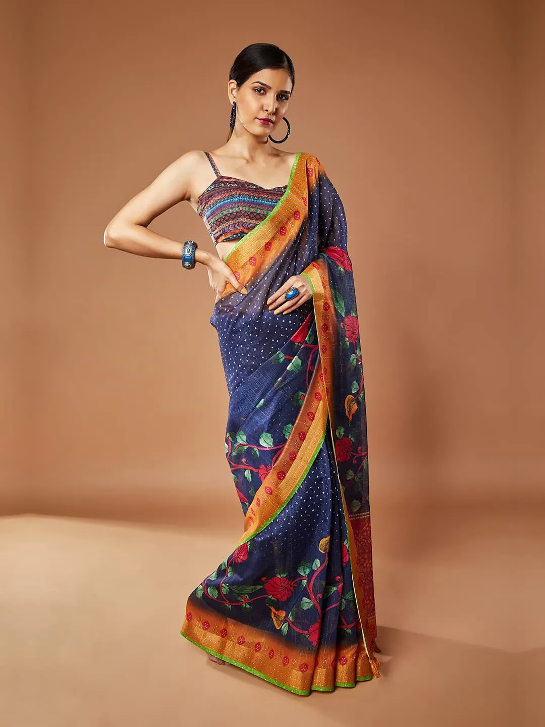 Gorgeous Navy Blue Pashmina Saree With Parrot Green Color Border