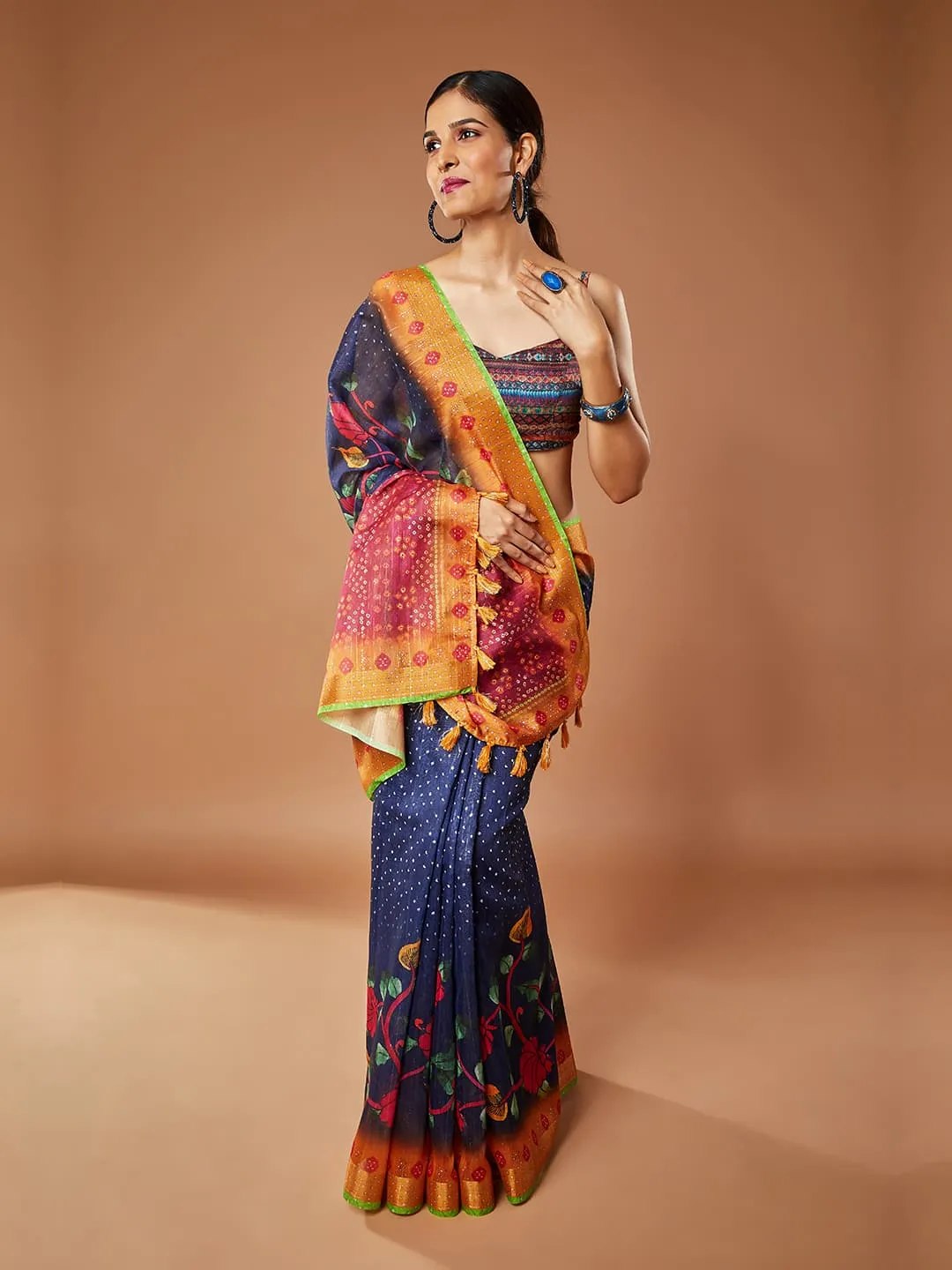 Gorgeous Navy Blue Pashmina Saree With Parrot Green Color Border