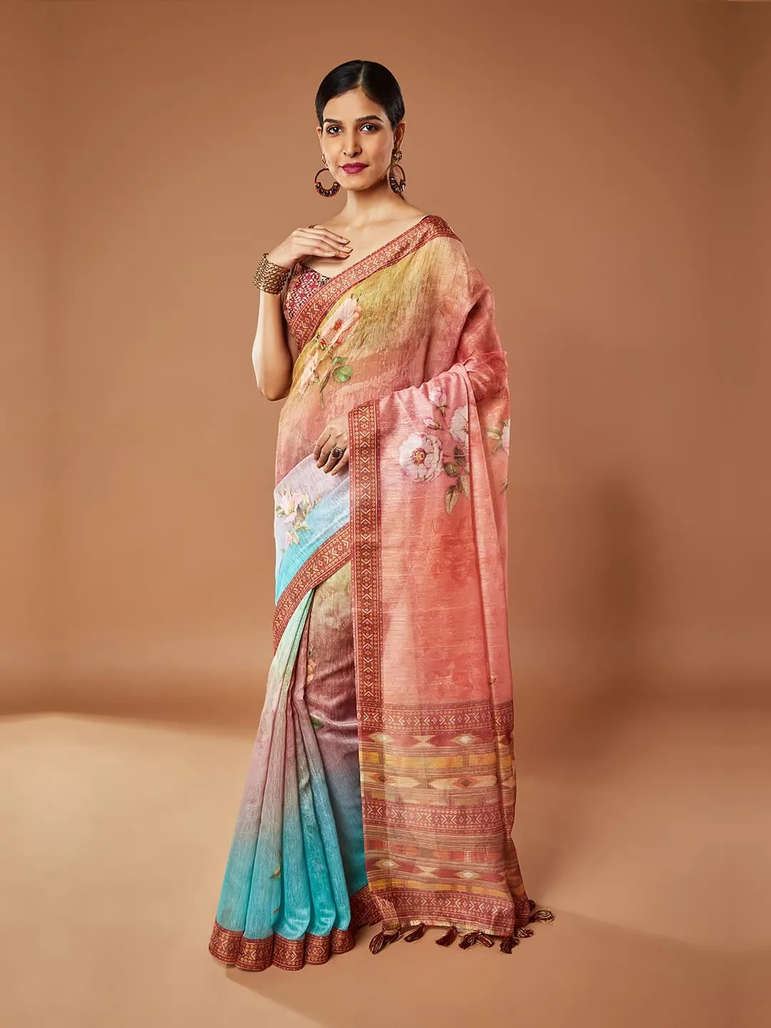 Gorgeous Peach And Multi-Color Pashmina Saree With Tassels