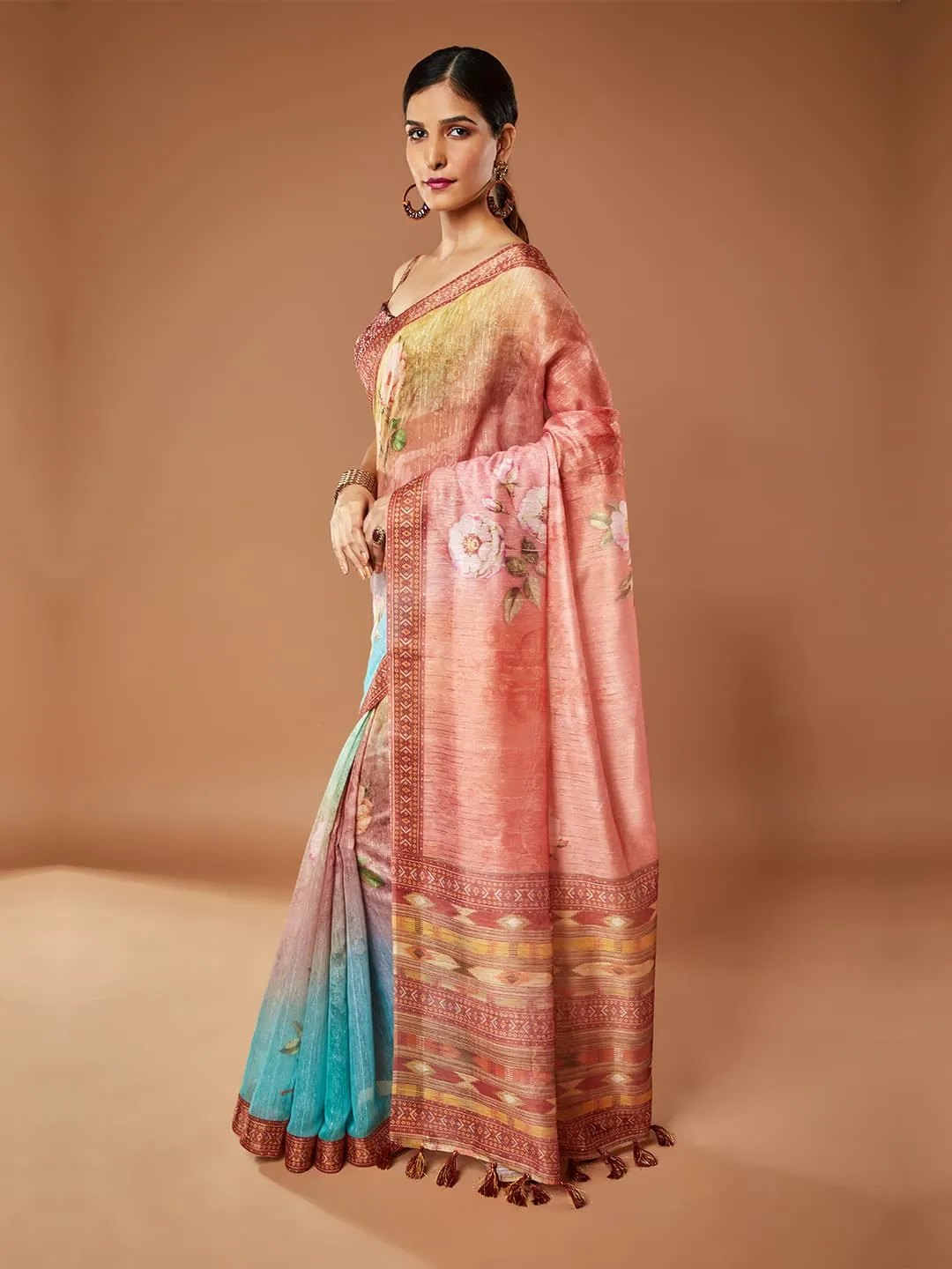 Gorgeous Peach And Multi-Color Pashmina Saree With Tassels