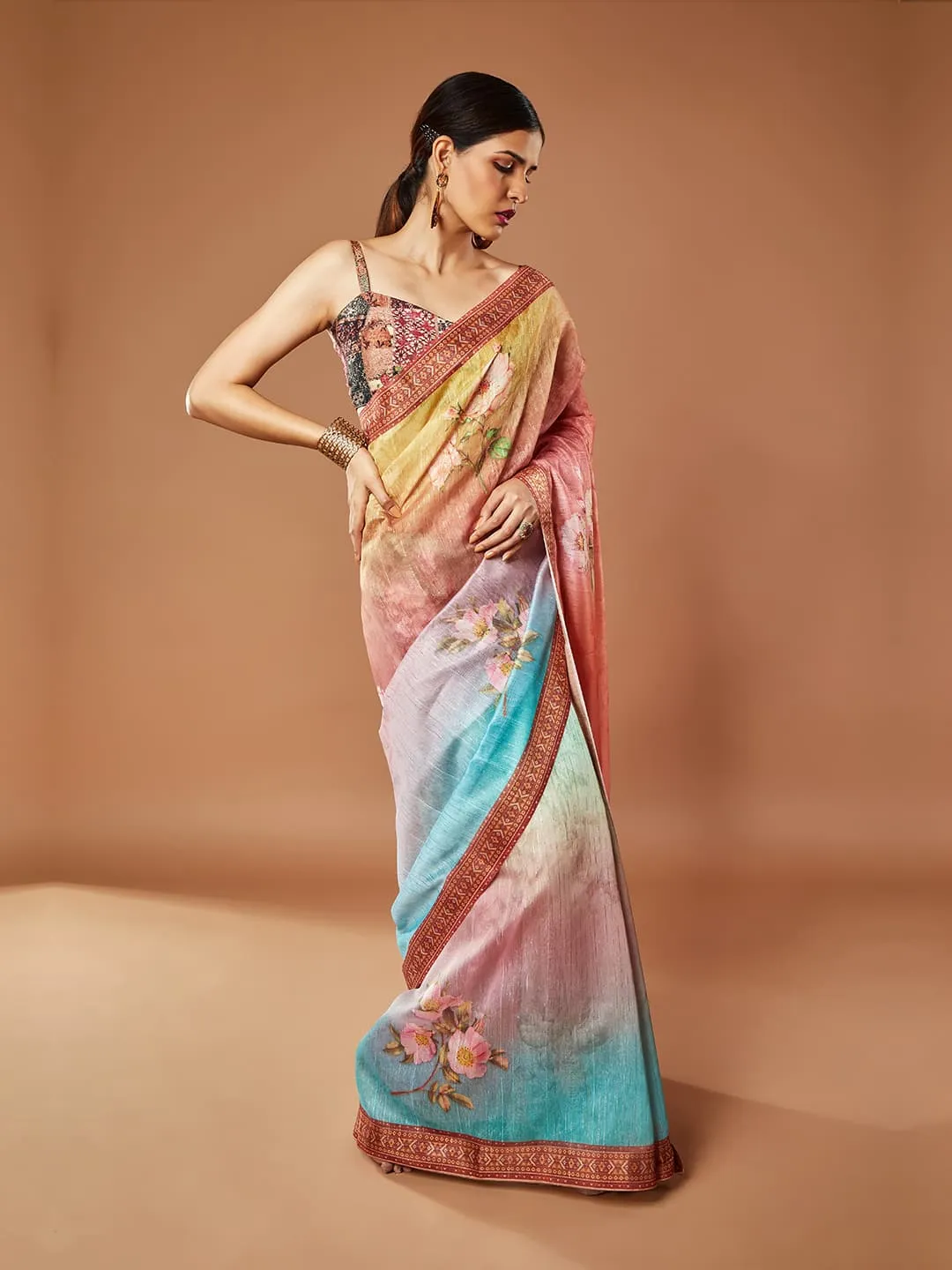 Gorgeous Peach And Multi-Color Pashmina Saree With Tassels