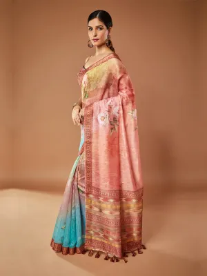 Gorgeous Peach And Multi-Color Pashmina Saree With Tassels