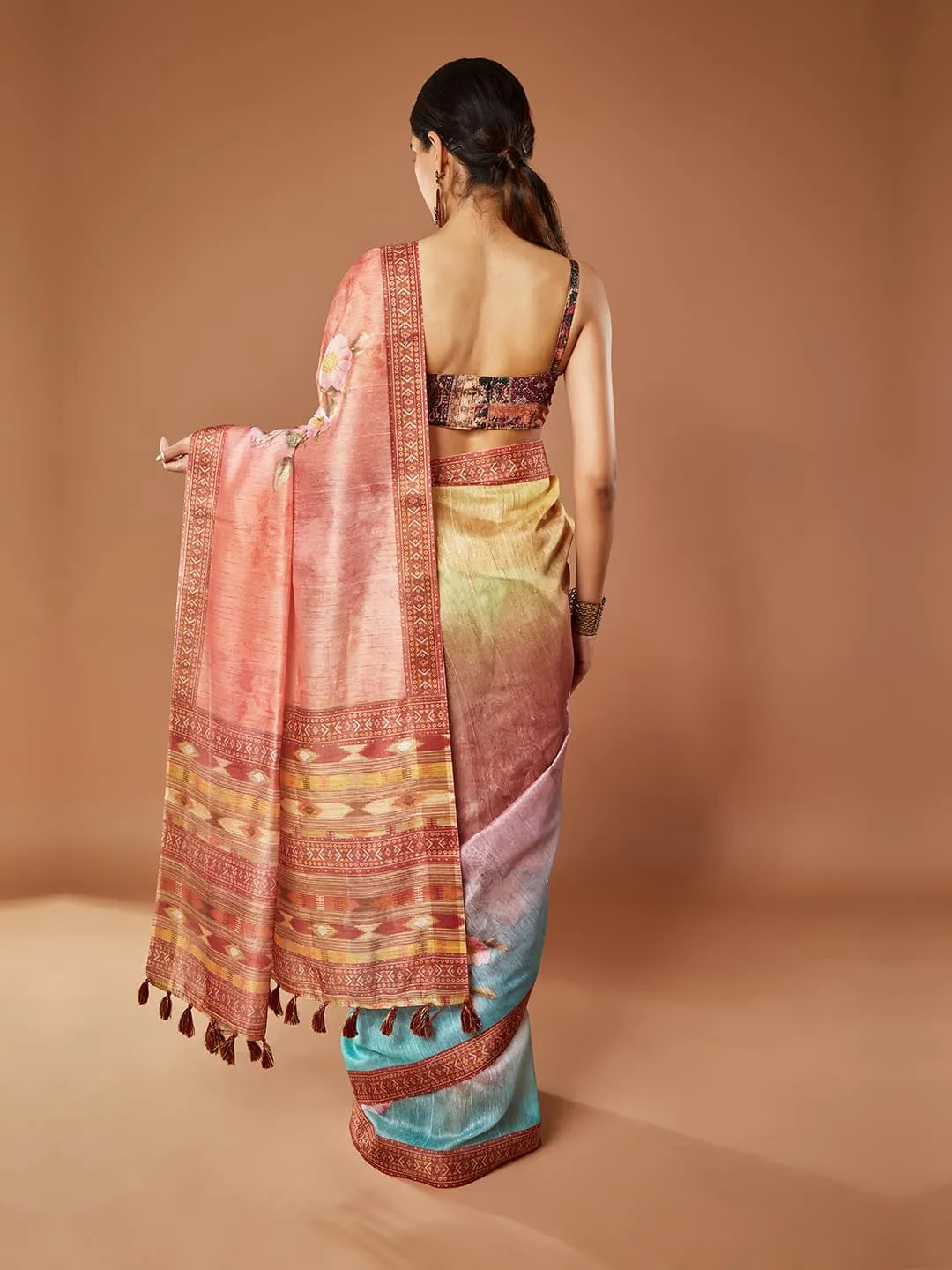Gorgeous Peach And Multi-Color Pashmina Saree With Tassels