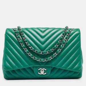 Green Chevron Leather Maxi Classic Single Flap Bag