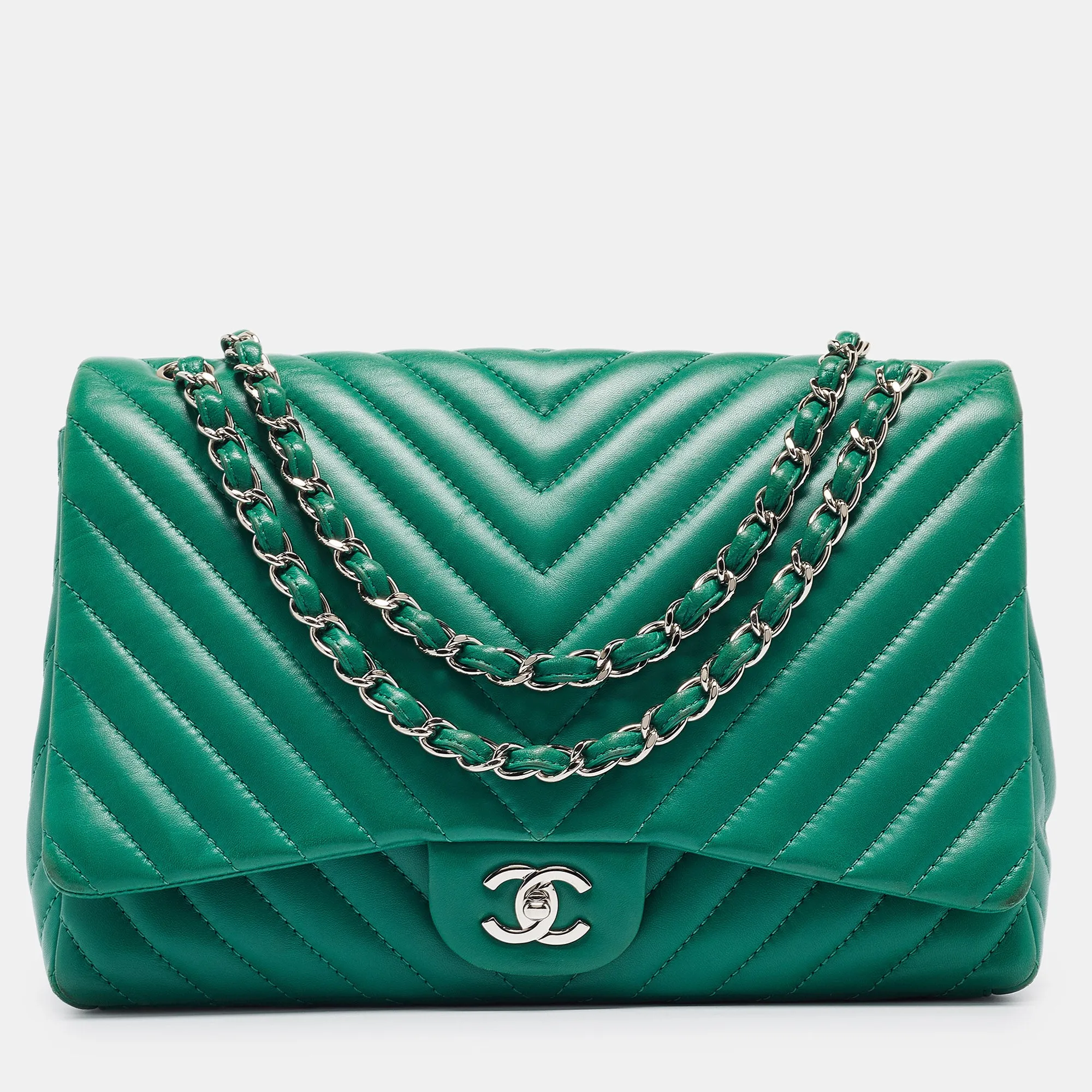 Green Chevron Leather Maxi Classic Single Flap Bag