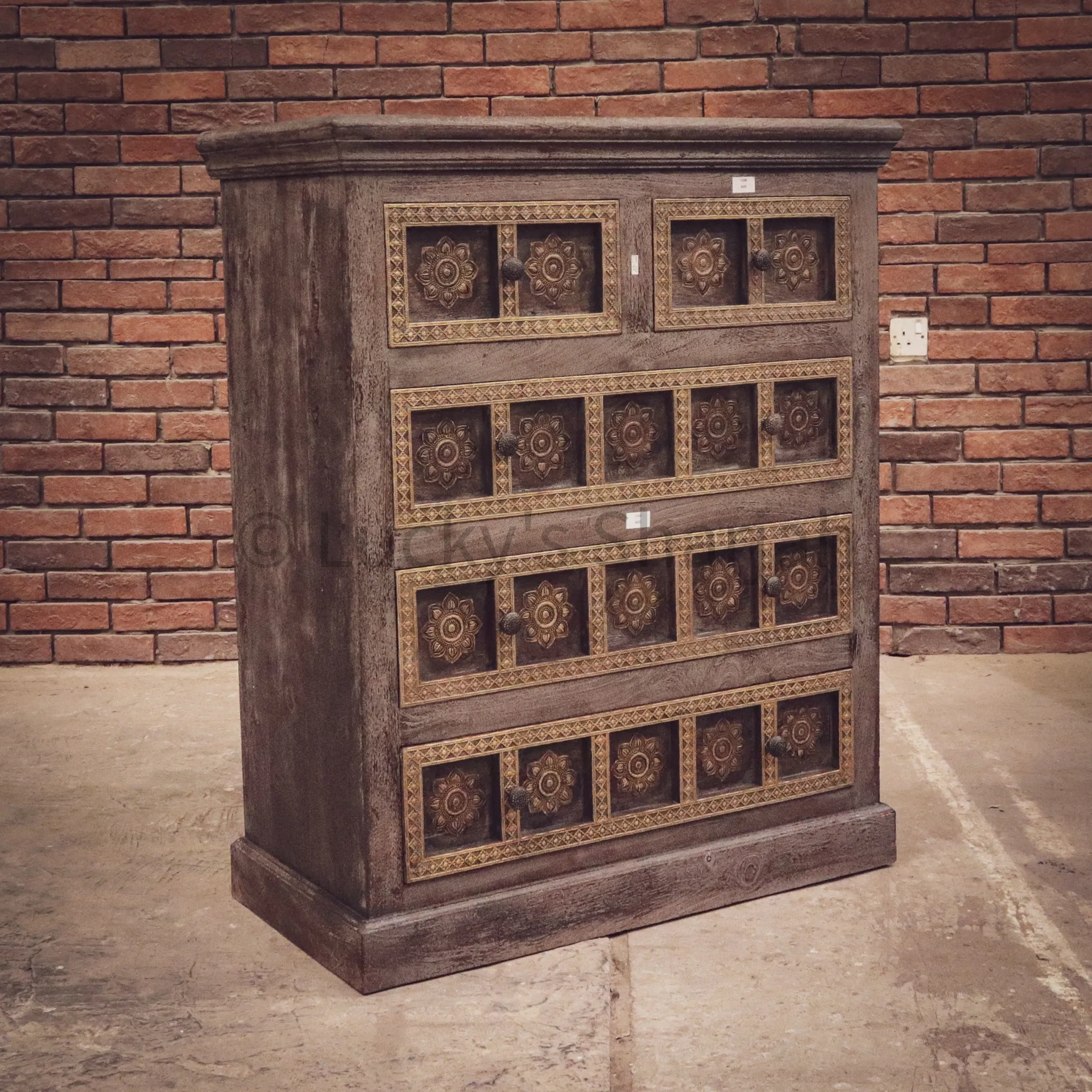 Grey Wash and Brass Inlay Drawchest